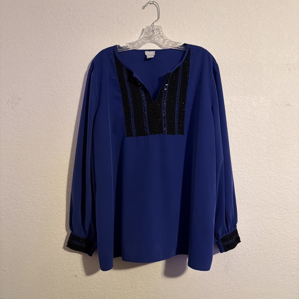 Chicos Embellished Shirt Women 4/XXL/20 Blue Black Beaded Long Sleeve Split Neck